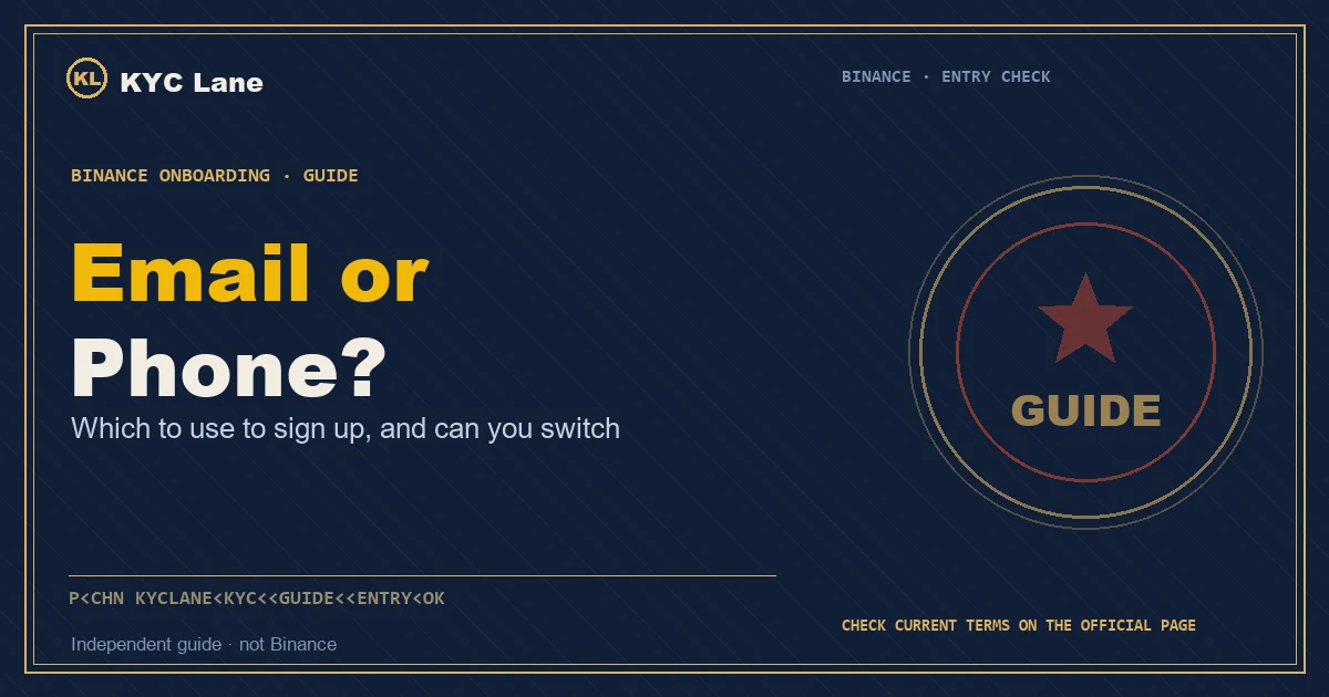 Cover art: email and phone columns compared on a passport page for Binance sign-up
