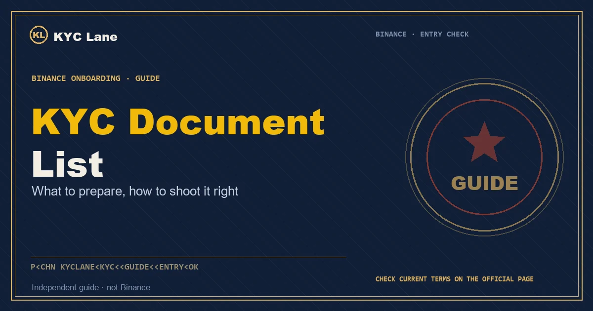 Binance KYC checklist cover: an ID, a proof-of-address bill and a face-scan icon laid out on a desk, like checking your bags before you fly